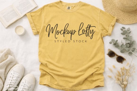 C1717 Mustard Flat Lay T-shirt Mockup: Minimalist Clarity for Modern Designers