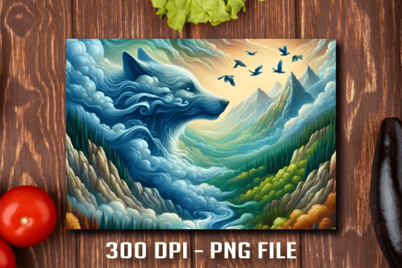 Fantasy Mountain Wolf Cutting Board PNG
