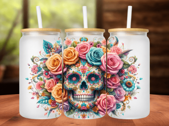 Sugar Skull Floral 16oz Tumbler Wrap PNG