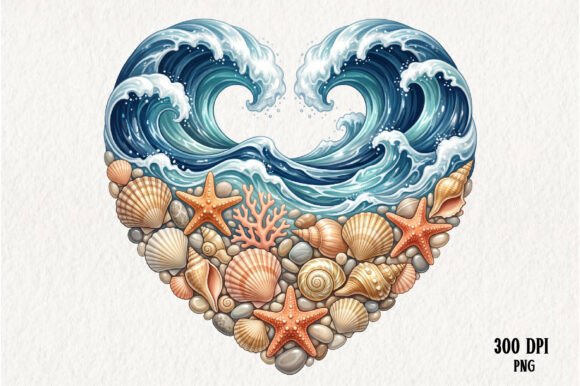 Summer Coastal Heart Wave Seashell PNG